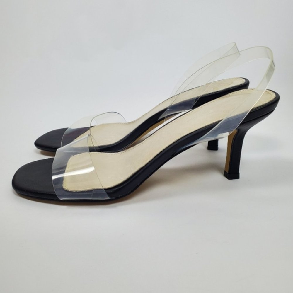 NWT FRENCH CONNECTION "TIA" BLACK KITTEN HEEL CLEAR SLINGBACK SANDAL SIZE 8M